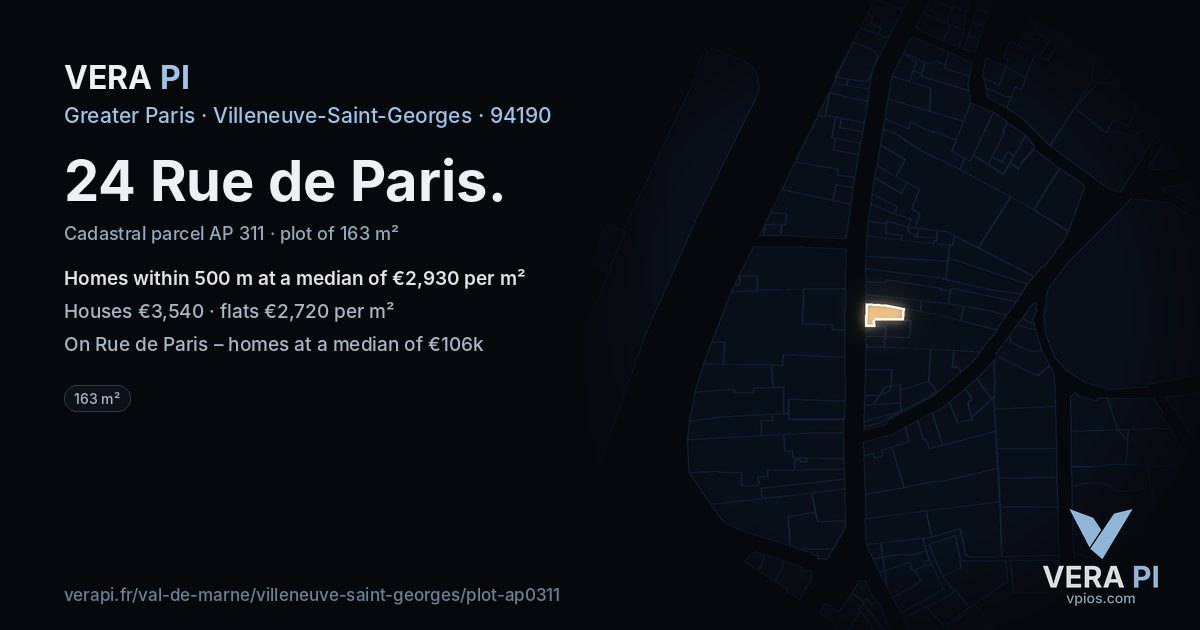 24 Rue de Paris, Villeneuve-Saint-Georges at night – the plot lit, the parcels around coloured by the prices near them