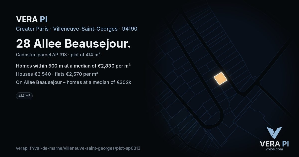 28 Allee Beausejour, Villeneuve-Saint-Georges at night – the plot lit, the parcels around coloured by the prices near them