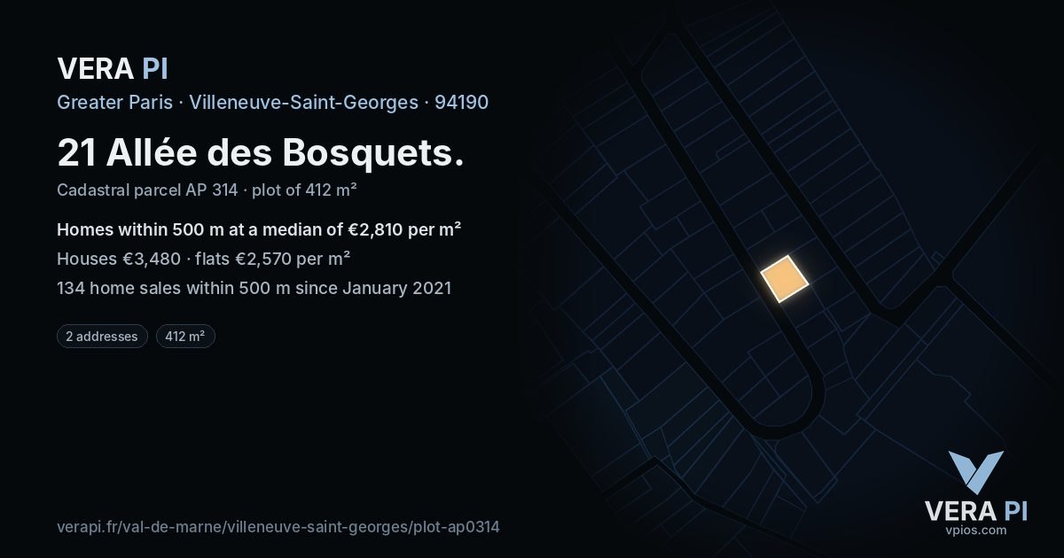 21 Allée des Bosquets, Villeneuve-Saint-Georges at night – the plot lit, the parcels around coloured by the prices near them
