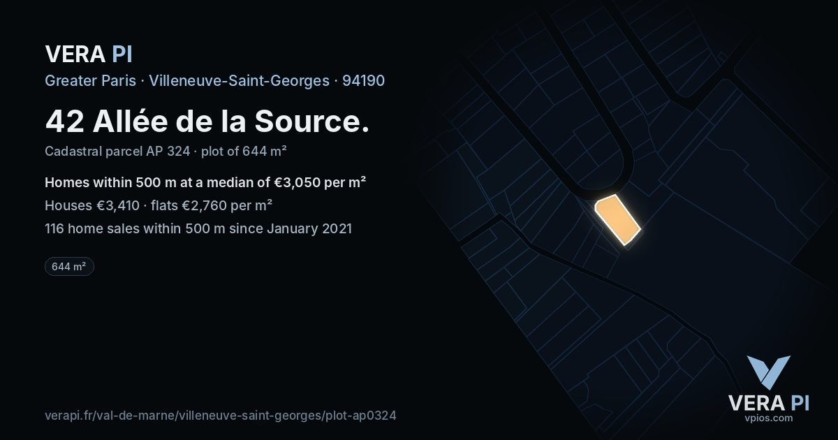 42 Allée de la Source, Villeneuve-Saint-Georges at night – the plot lit, the parcels around coloured by the prices near them