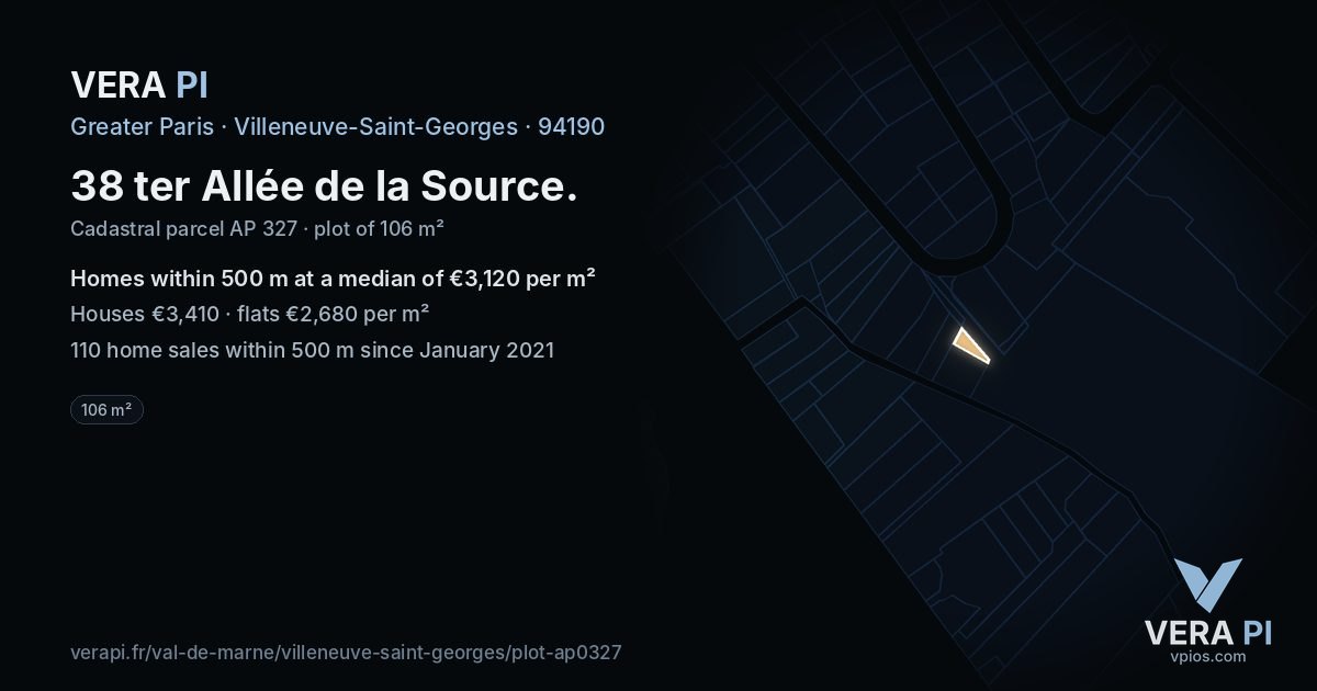 38 ter Allée de la Source, Villeneuve-Saint-Georges at night – the plot lit, the parcels around coloured by the prices near them