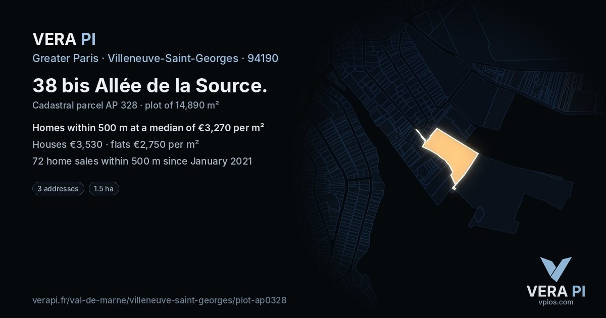 38 bis Allée de la Source, Villeneuve-Saint-Georges at night – the plot lit, the parcels around coloured by the prices near them