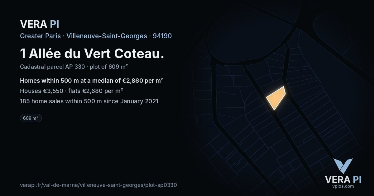 1 Allée du Vert Coteau, Villeneuve-Saint-Georges at night – the plot lit, the parcels around coloured by the prices near them