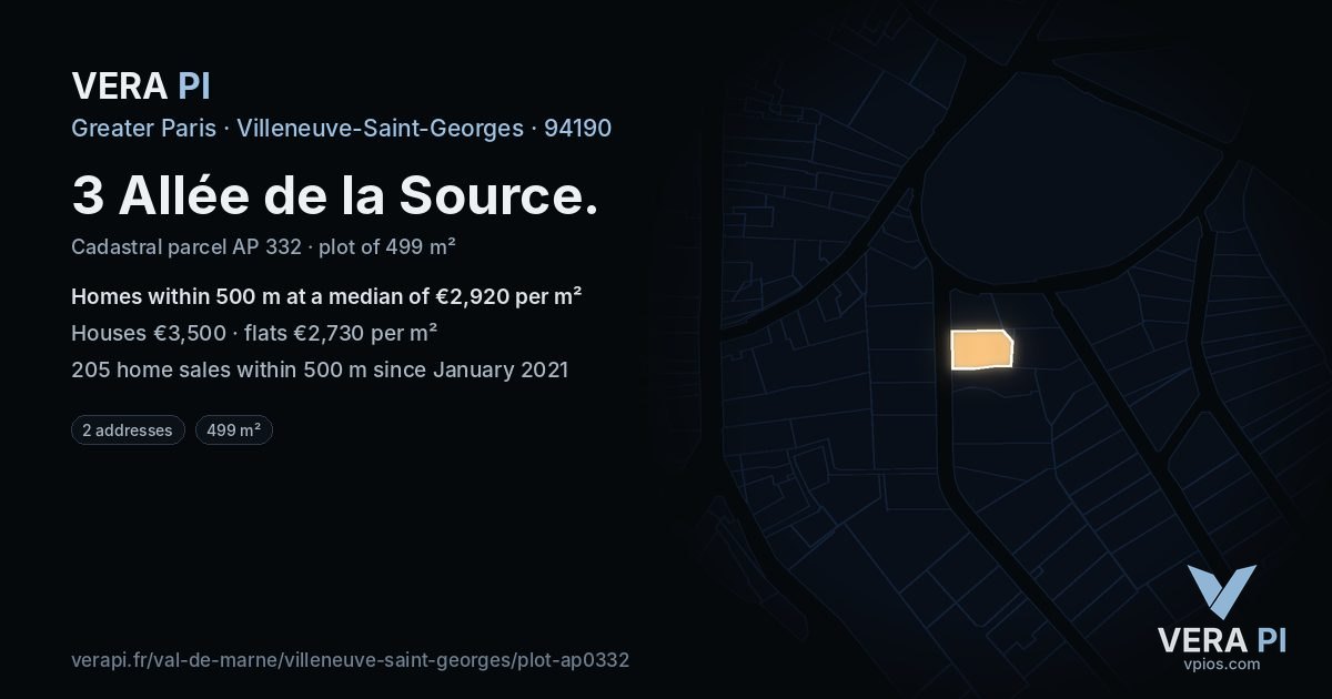 3 Allée de la Source, Villeneuve-Saint-Georges at night – the plot lit, the parcels around coloured by the prices near them