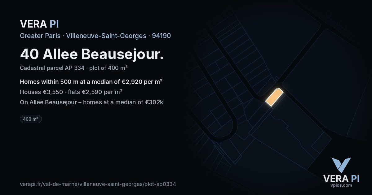 40 Allee Beausejour, Villeneuve-Saint-Georges at night – the plot lit, the parcels around coloured by the prices near them