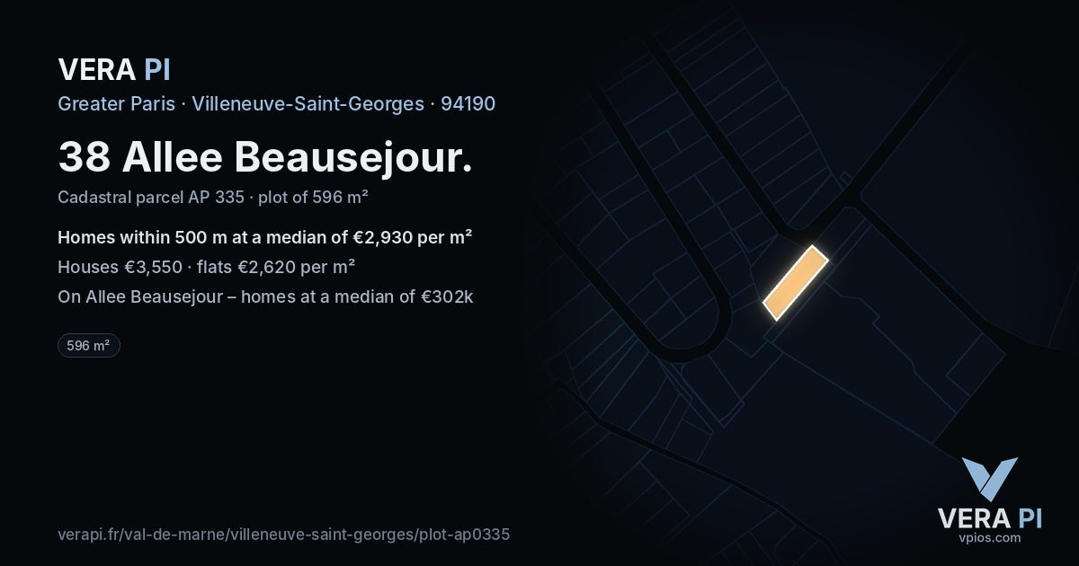 38 Allee Beausejour, Villeneuve-Saint-Georges at night – the plot lit, the parcels around coloured by the prices near them