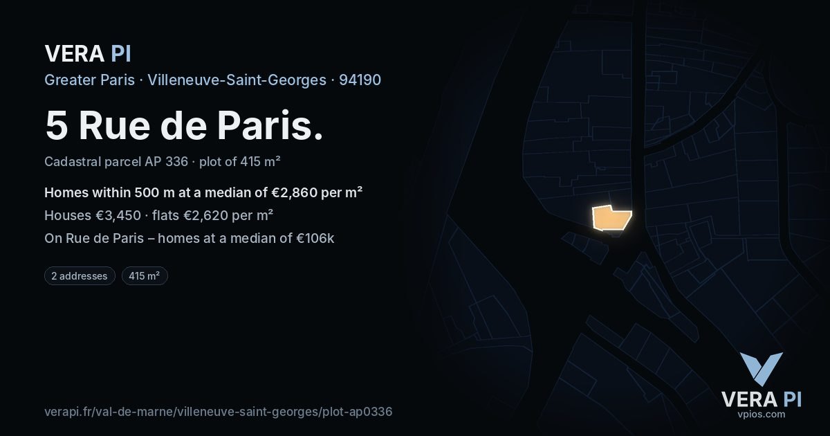 5 Rue de Paris, Villeneuve-Saint-Georges at night – the plot lit, the parcels around coloured by the prices near them