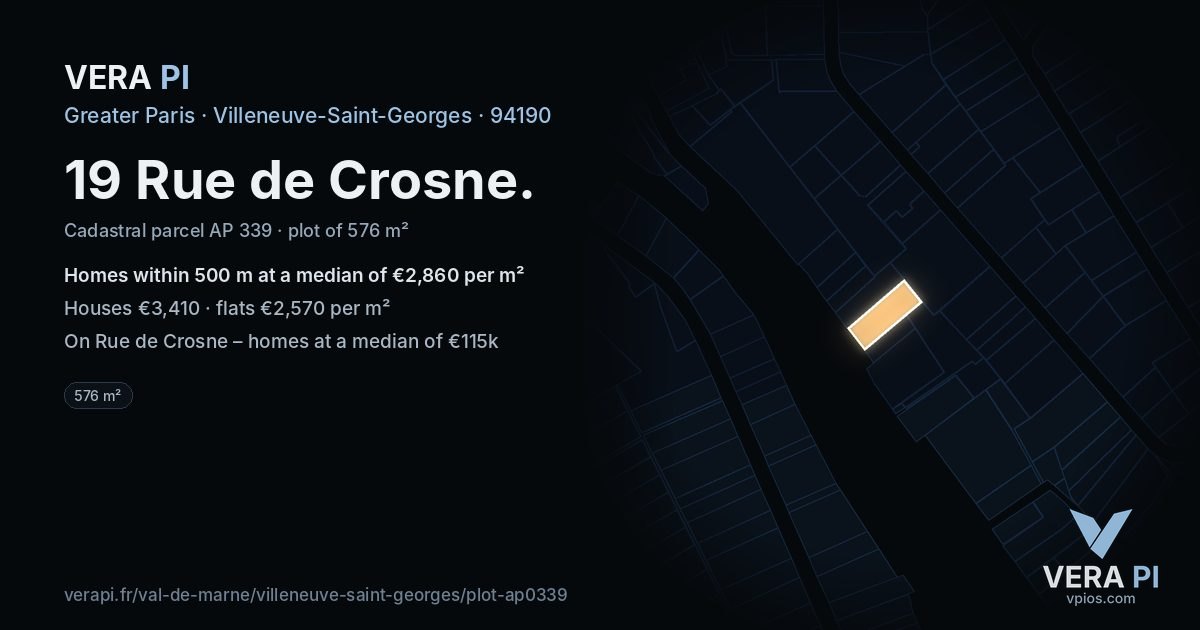 19 Rue de Crosne, Villeneuve-Saint-Georges at night – the plot lit, the parcels around coloured by the prices near them