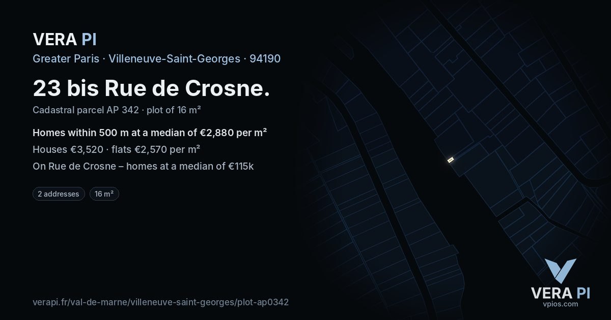 23 bis Rue de Crosne, Villeneuve-Saint-Georges at night – the plot lit, the parcels around coloured by the prices near them