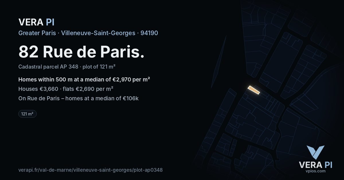82 Rue de Paris, Villeneuve-Saint-Georges at night – the plot lit, the parcels around coloured by the prices near them