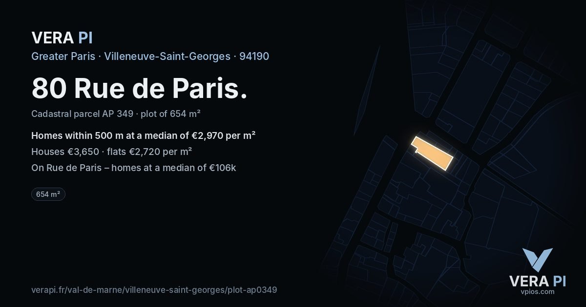 80 Rue de Paris, Villeneuve-Saint-Georges at night – the plot lit, the parcels around coloured by the prices near them