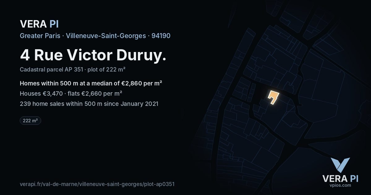 4 Rue Victor Duruy, Villeneuve-Saint-Georges at night – the plot lit, the parcels around coloured by the prices near them