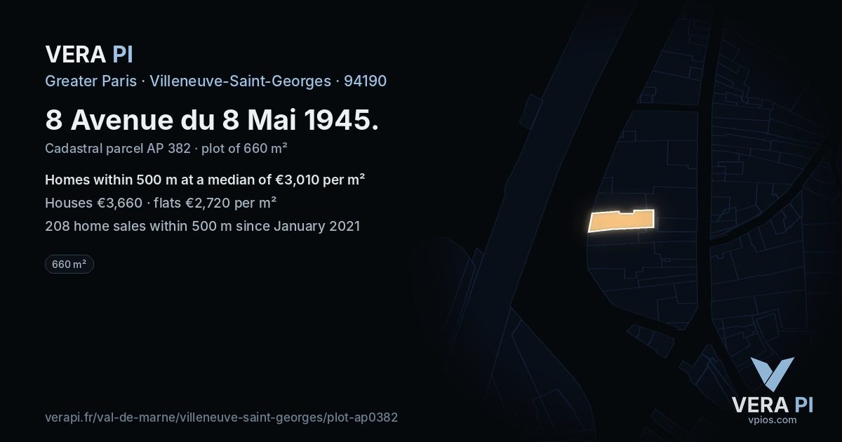 8 Avenue du 8 Mai 1945, Villeneuve-Saint-Georges at night – the plot lit, the parcels around coloured by the prices near them