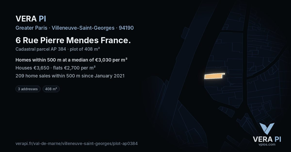 6 Rue Pierre Mendes France, Villeneuve-Saint-Georges at night – the plot lit, the parcels around coloured by the prices near them