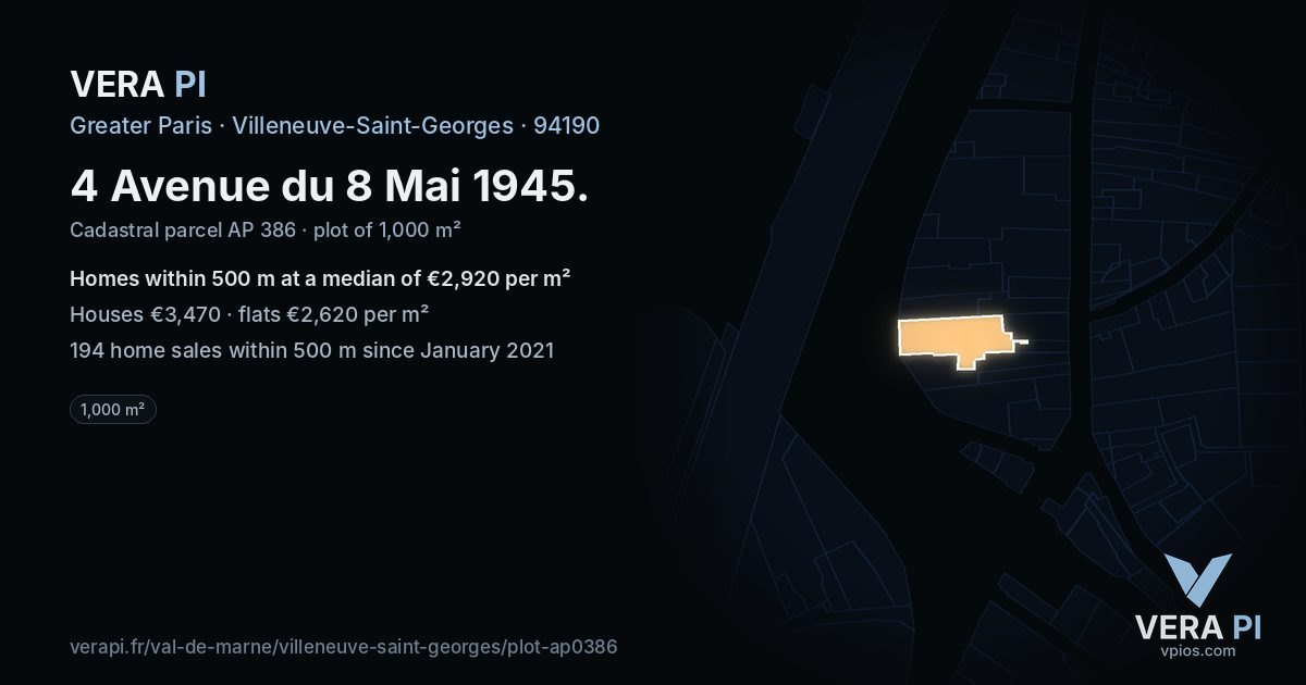 4 Avenue du 8 Mai 1945, Villeneuve-Saint-Georges at night – the plot lit, the parcels around coloured by the prices near them
