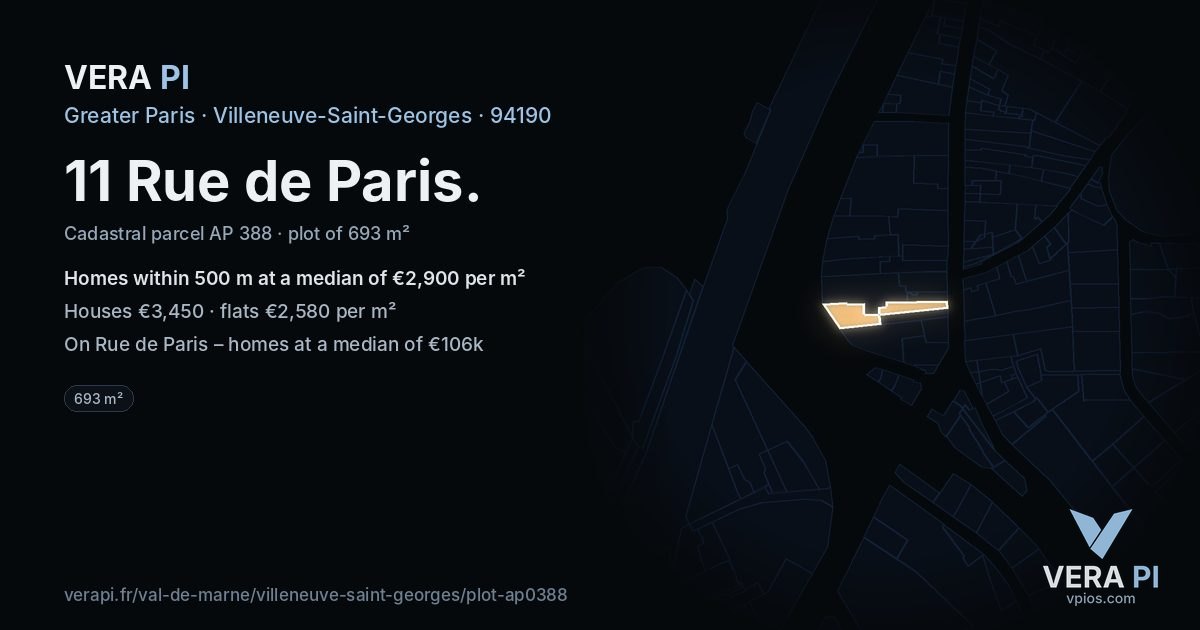 11 Rue de Paris, Villeneuve-Saint-Georges at night – the plot lit, the parcels around coloured by the prices near them