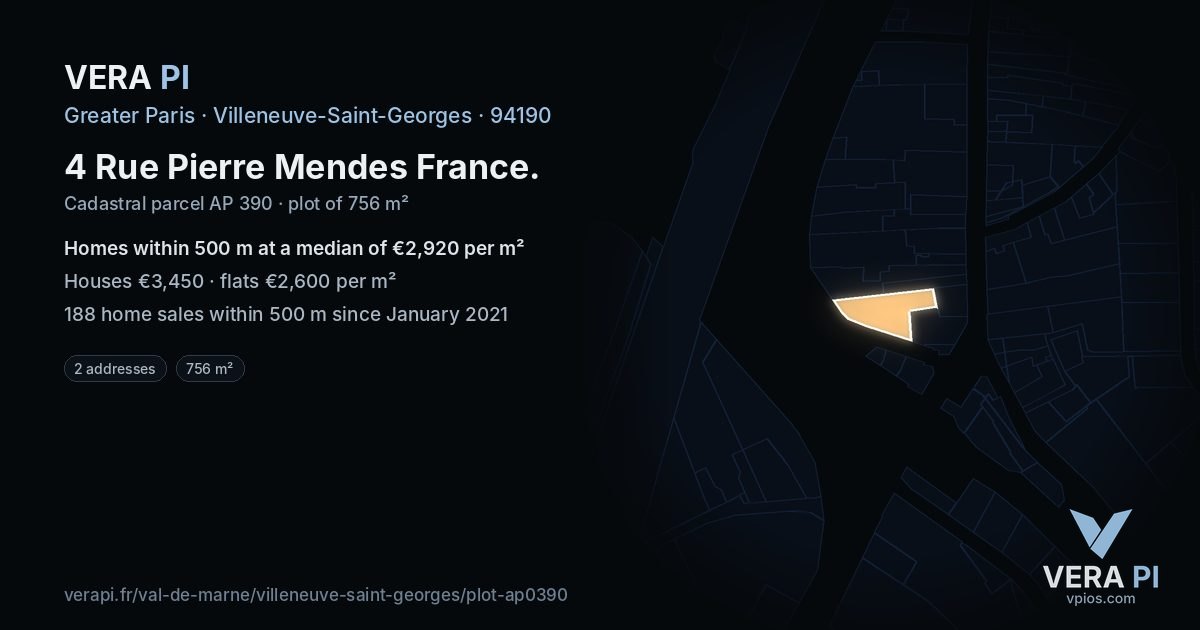4 Rue Pierre Mendes France, Villeneuve-Saint-Georges at night – the plot lit, the parcels around coloured by the prices near them