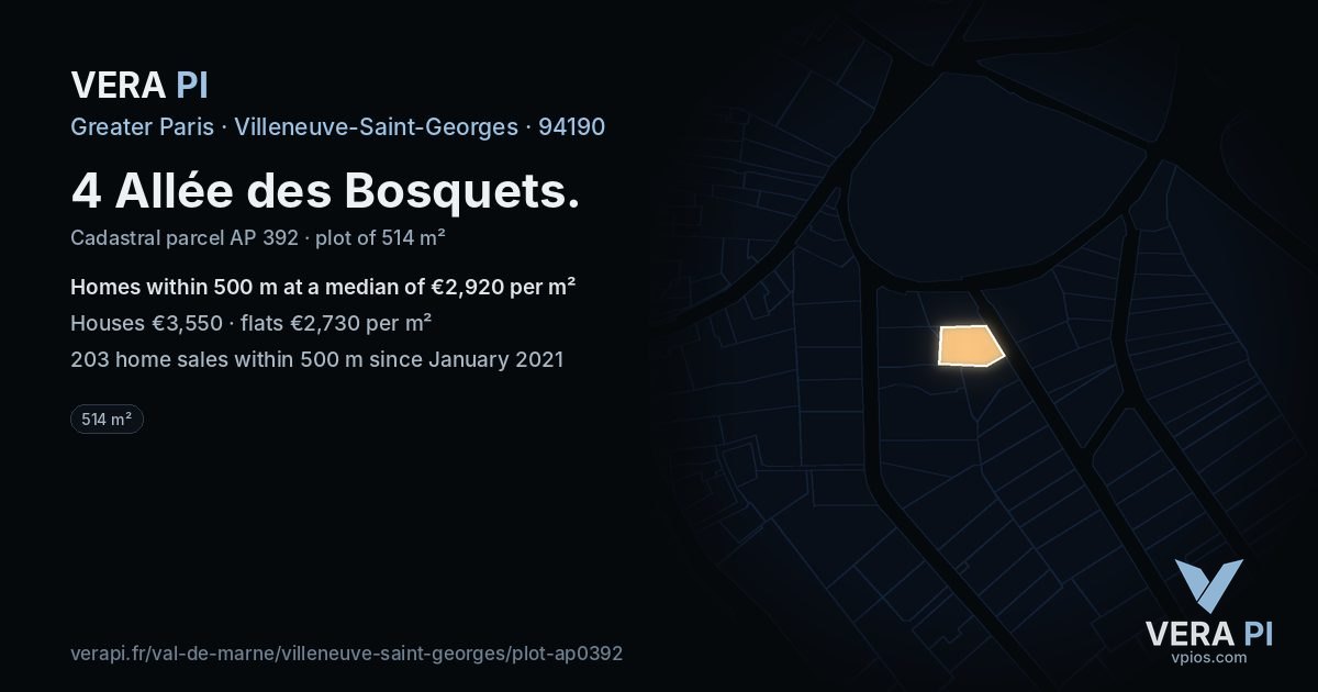4 Allée des Bosquets, Villeneuve-Saint-Georges at night – the plot lit, the parcels around coloured by the prices near them