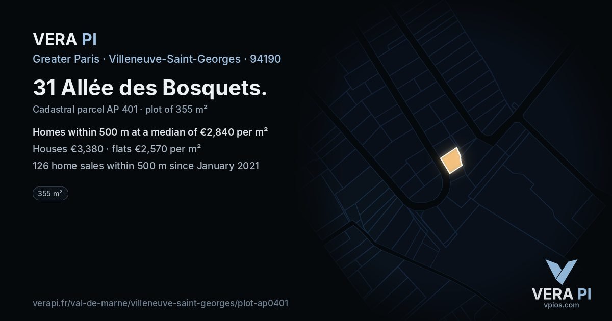 31 Allée des Bosquets, Villeneuve-Saint-Georges at night – the plot lit, the parcels around coloured by the prices near them