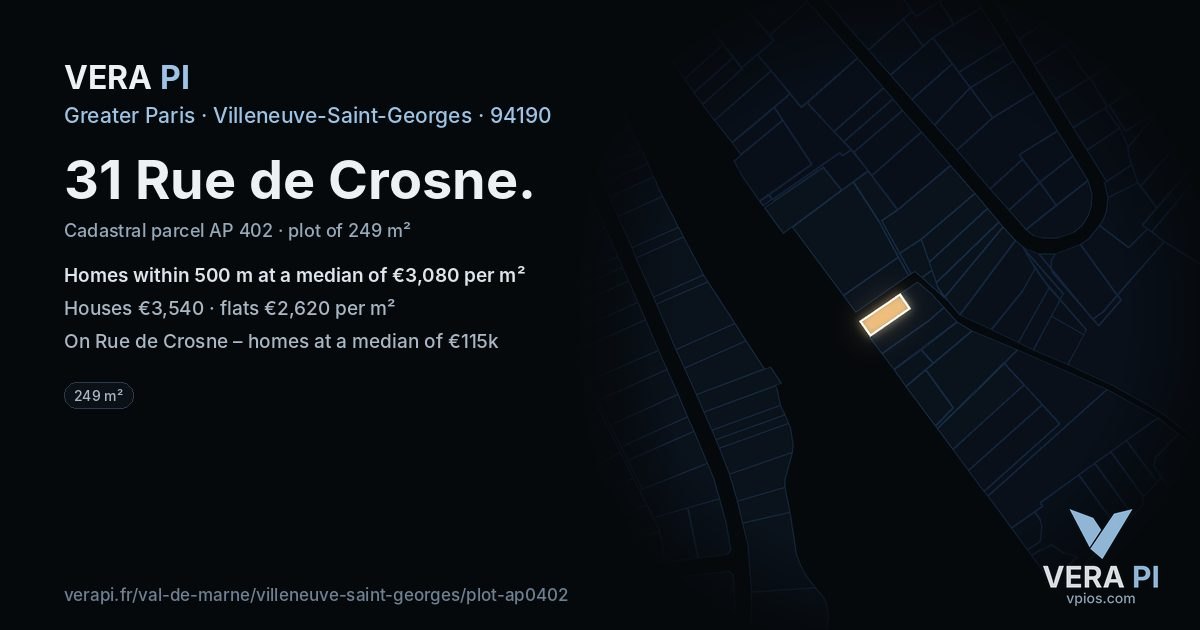 31 Rue de Crosne, Villeneuve-Saint-Georges at night – the plot lit, the parcels around coloured by the prices near them