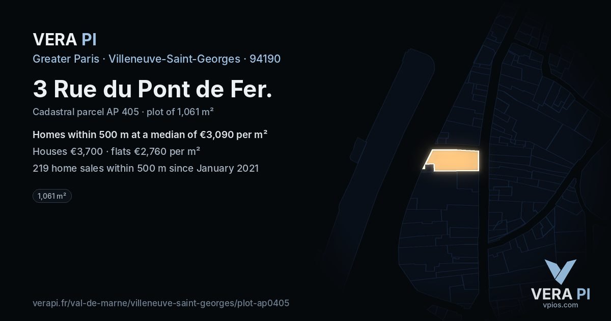 3 Rue du Pont de Fer, Villeneuve-Saint-Georges at night – the plot lit, the parcels around coloured by the prices near them