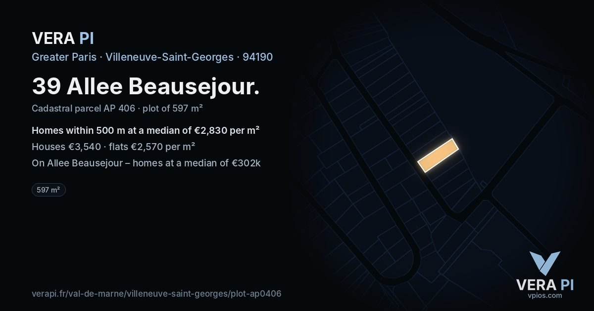 39 Allee Beausejour, Villeneuve-Saint-Georges at night – the plot lit, the parcels around coloured by the prices near them