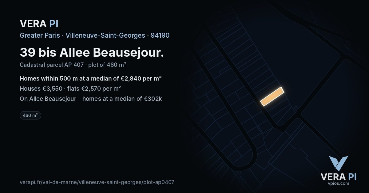 39 bis Allee Beausejour, Villeneuve-Saint-Georges at night – the plot lit, the parcels around coloured by the prices near them