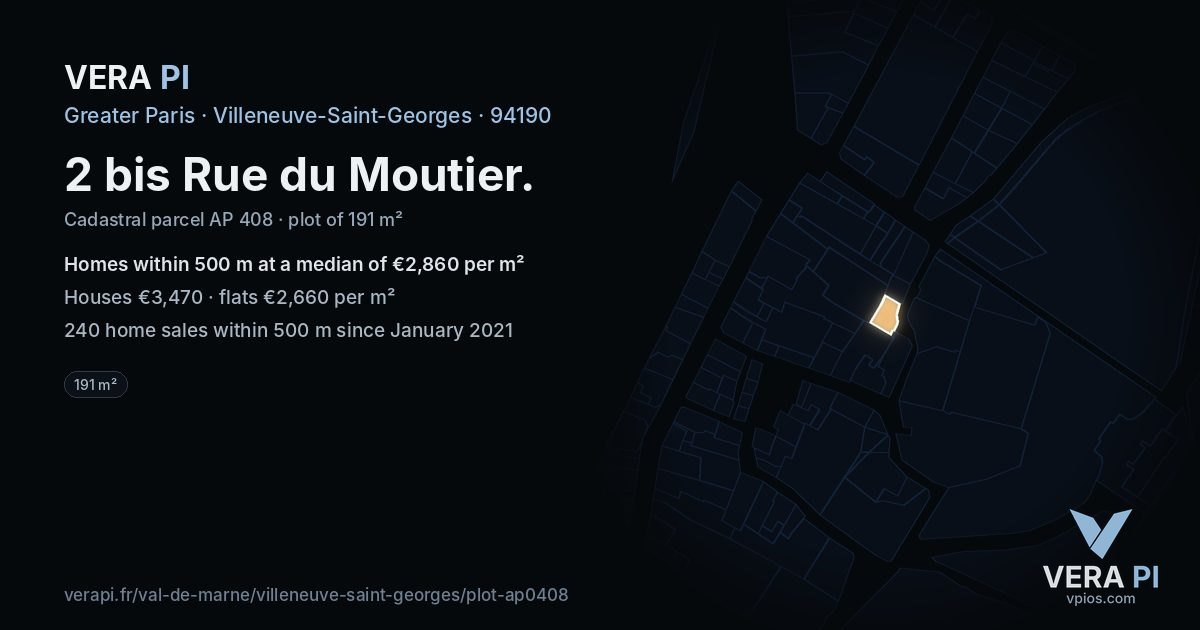2 bis Rue du Moutier, Villeneuve-Saint-Georges at night – the plot lit, the parcels around coloured by the prices near them
