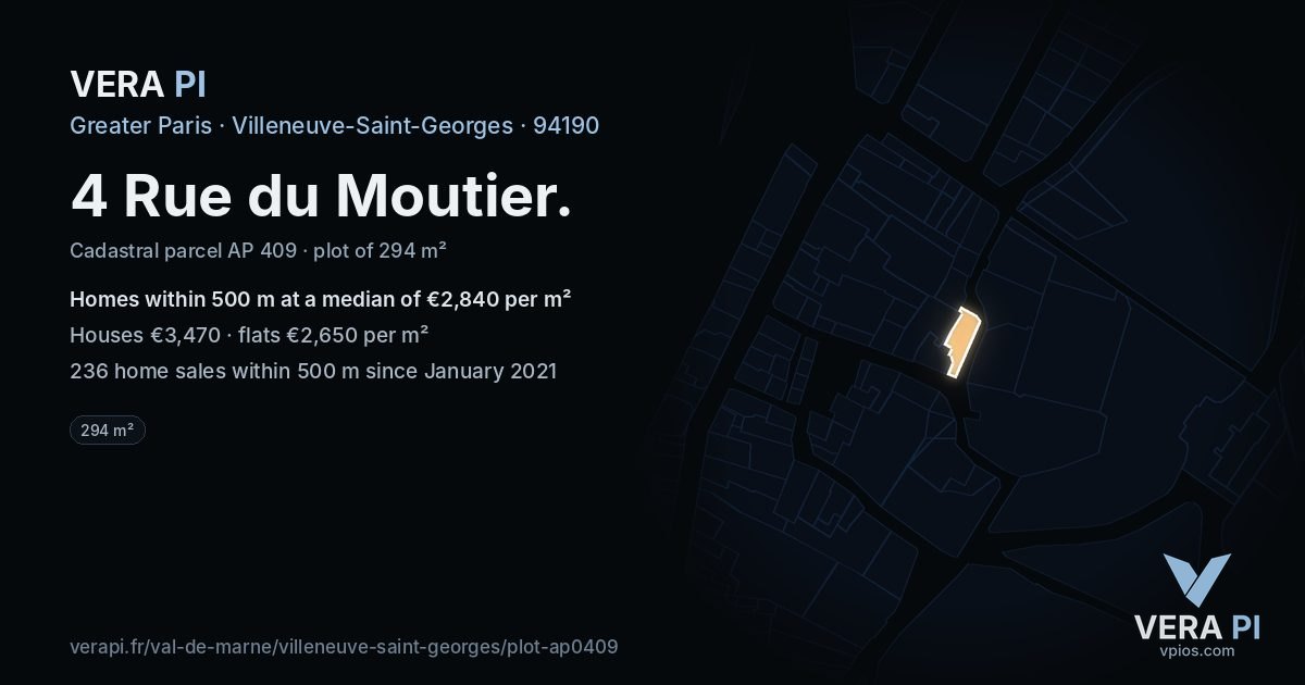 4 Rue du Moutier, Villeneuve-Saint-Georges at night – the plot lit, the parcels around coloured by the prices near them
