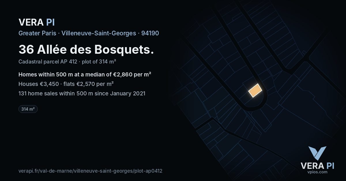 36 Allée des Bosquets, Villeneuve-Saint-Georges at night – the plot lit, the parcels around coloured by the prices near them