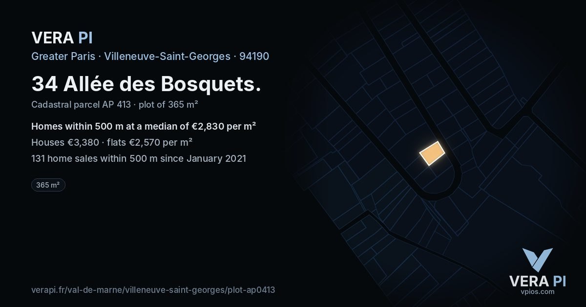 34 Allée des Bosquets, Villeneuve-Saint-Georges at night – the plot lit, the parcels around coloured by the prices near them