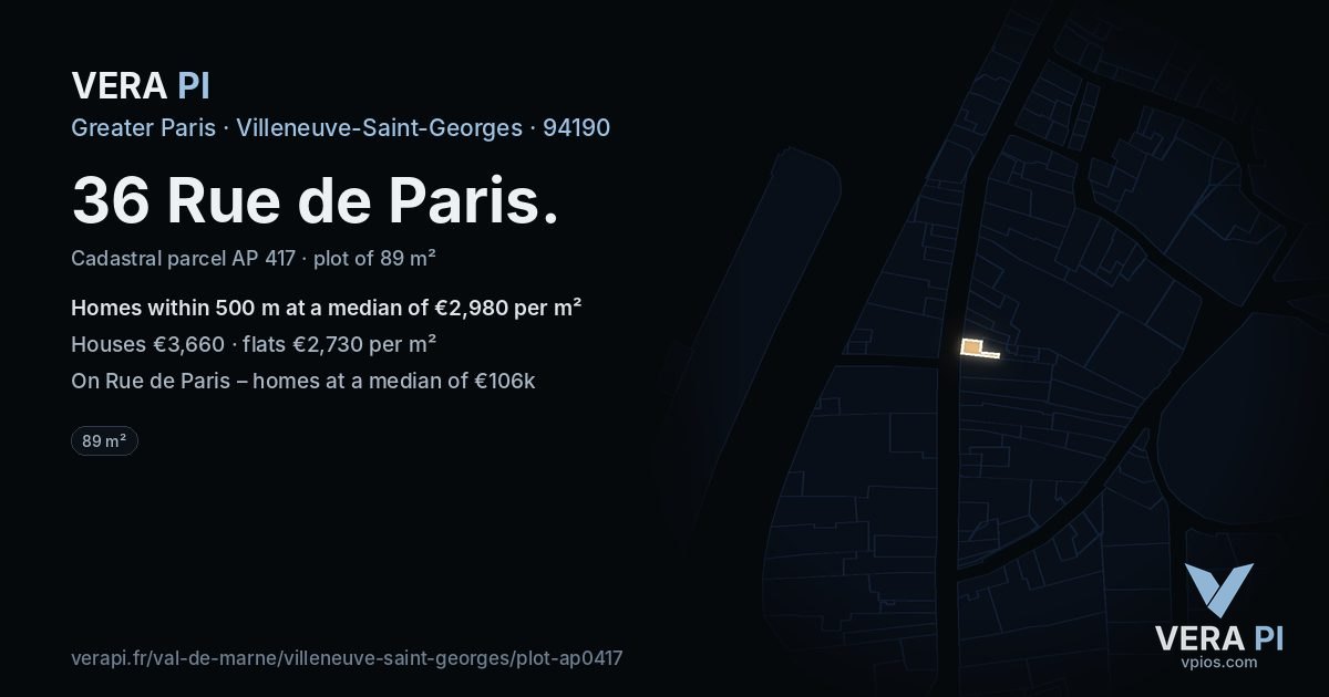 36 Rue de Paris, Villeneuve-Saint-Georges at night – the plot lit, the parcels around coloured by the prices near them