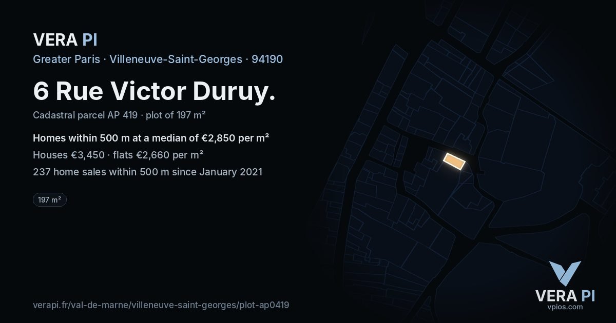 6 Rue Victor Duruy, Villeneuve-Saint-Georges at night – the plot lit, the parcels around coloured by the prices near them