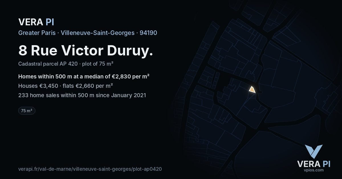 8 Rue Victor Duruy, Villeneuve-Saint-Georges at night – the plot lit, the parcels around coloured by the prices near them