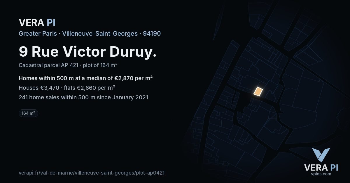 9 Rue Victor Duruy, Villeneuve-Saint-Georges at night – the plot lit, the parcels around coloured by the prices near them