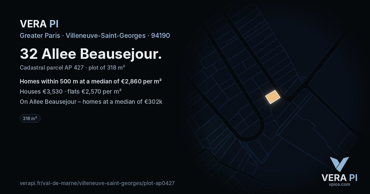 32 Allee Beausejour, Villeneuve-Saint-Georges at night – the plot lit, the parcels around coloured by the prices near them