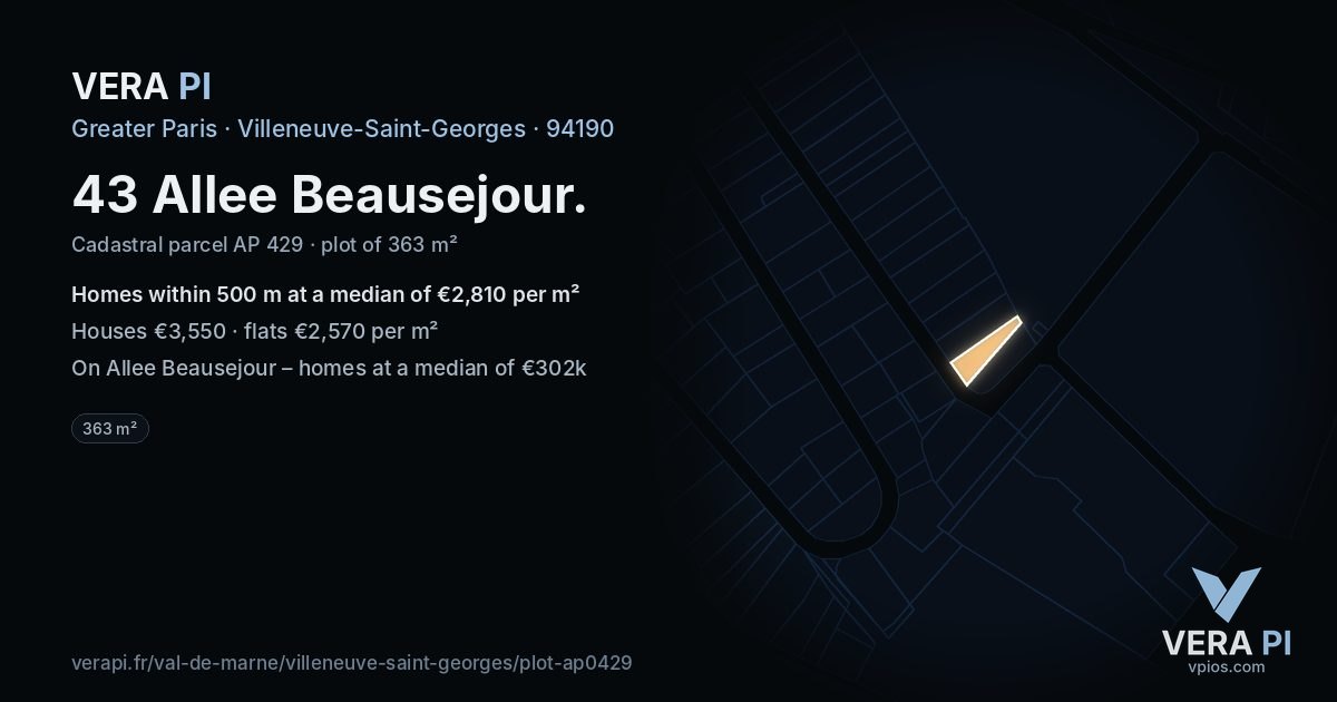 43 Allee Beausejour, Villeneuve-Saint-Georges at night – the plot lit, the parcels around coloured by the prices near them