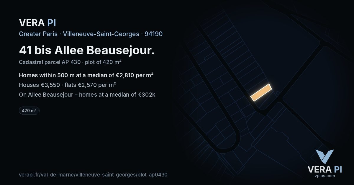 41 bis Allee Beausejour, Villeneuve-Saint-Georges at night – the plot lit, the parcels around coloured by the prices near them