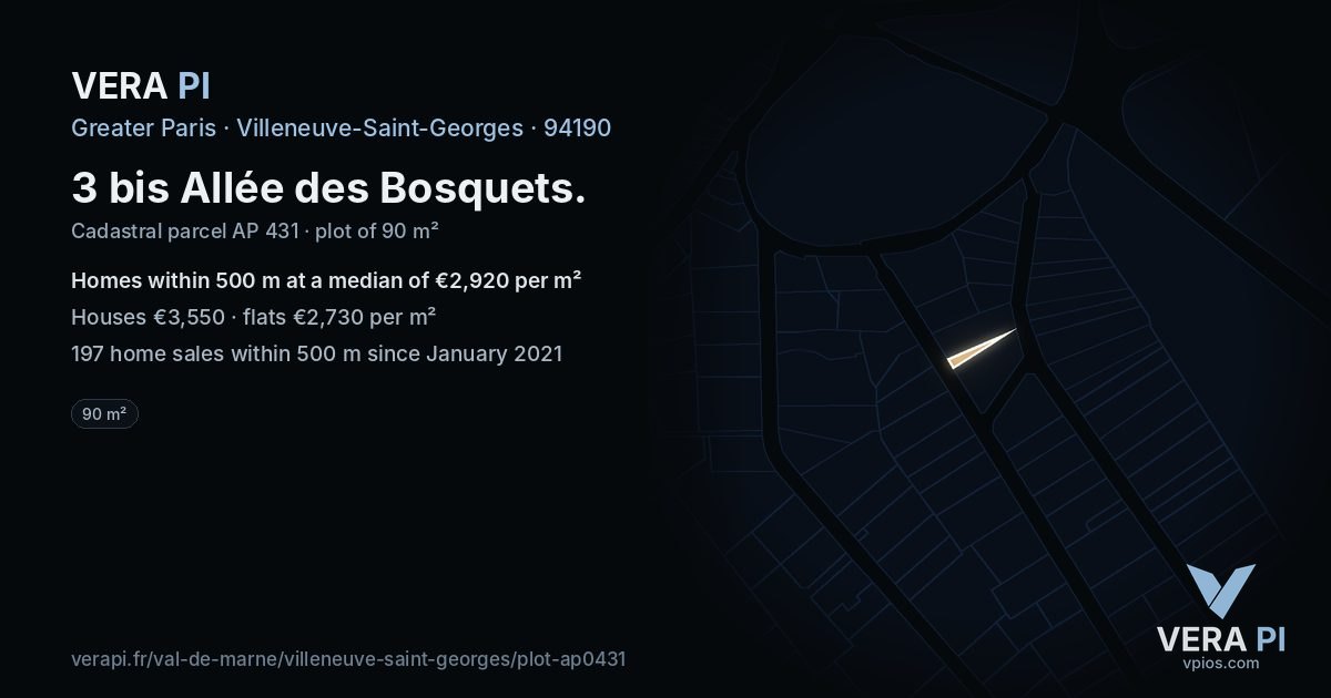 3 bis Allée des Bosquets, Villeneuve-Saint-Georges at night – the plot lit, the parcels around coloured by the prices near them