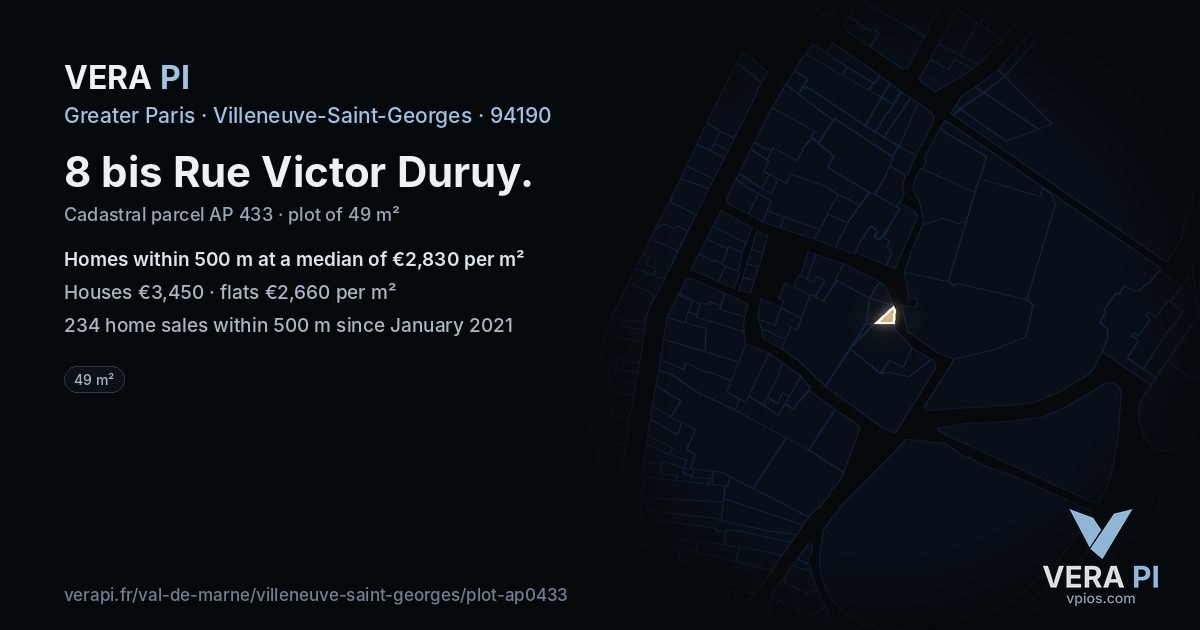 8 bis Rue Victor Duruy, Villeneuve-Saint-Georges at night – the plot lit, the parcels around coloured by the prices near them