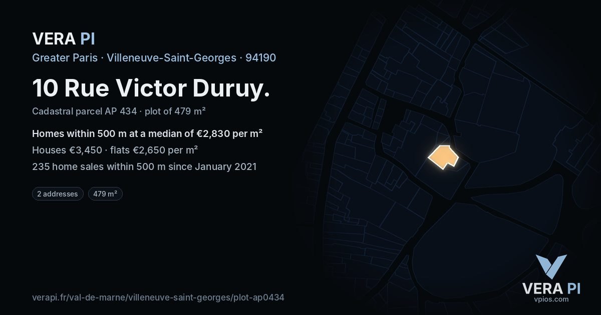 10 Rue Victor Duruy, Villeneuve-Saint-Georges at night – the plot lit, the parcels around coloured by the prices near them