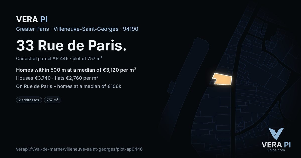 33 Rue de Paris, Villeneuve-Saint-Georges at night – the plot lit, the parcels around coloured by the prices near them