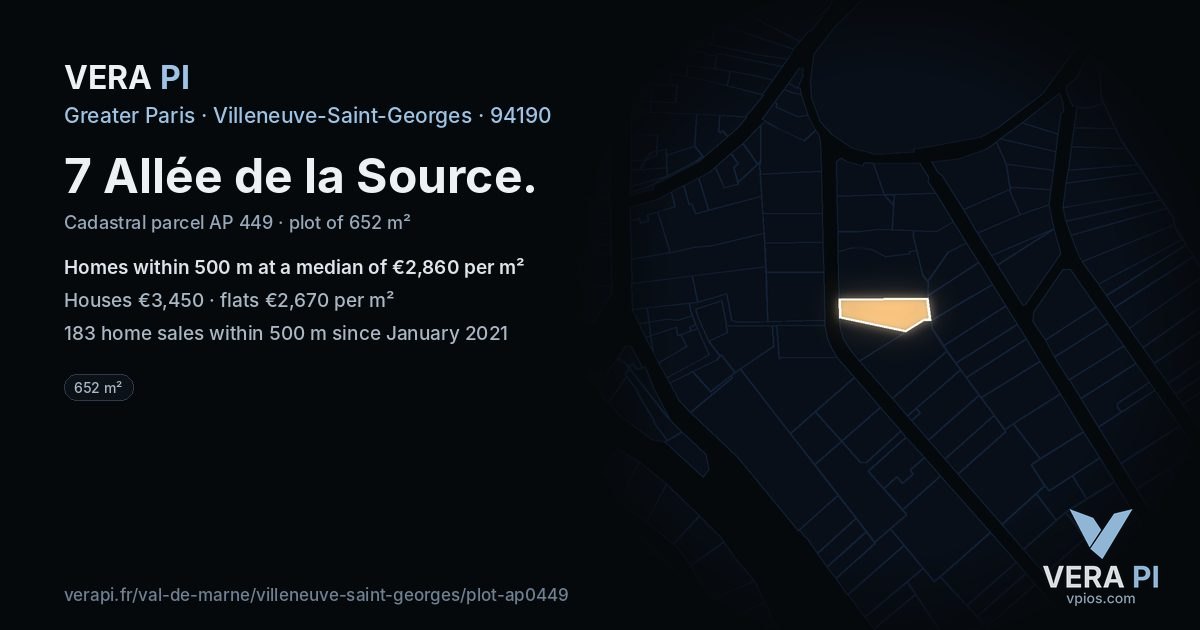 7 Allée de la Source, Villeneuve-Saint-Georges at night – the plot lit, the parcels around coloured by the prices near them