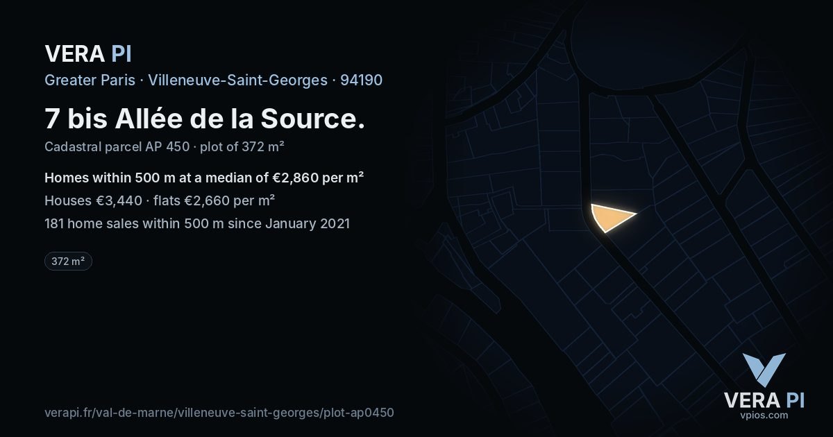7 bis Allée de la Source, Villeneuve-Saint-Georges at night – the plot lit, the parcels around coloured by the prices near them