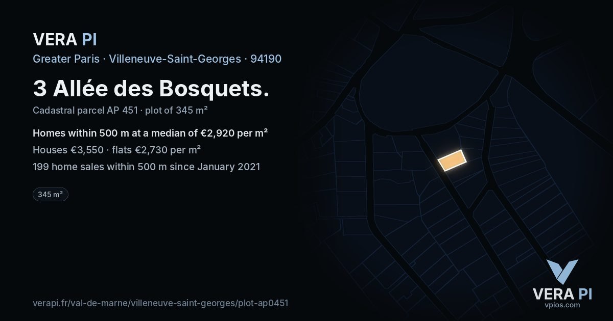 3 Allée des Bosquets, Villeneuve-Saint-Georges at night – the plot lit, the parcels around coloured by the prices near them