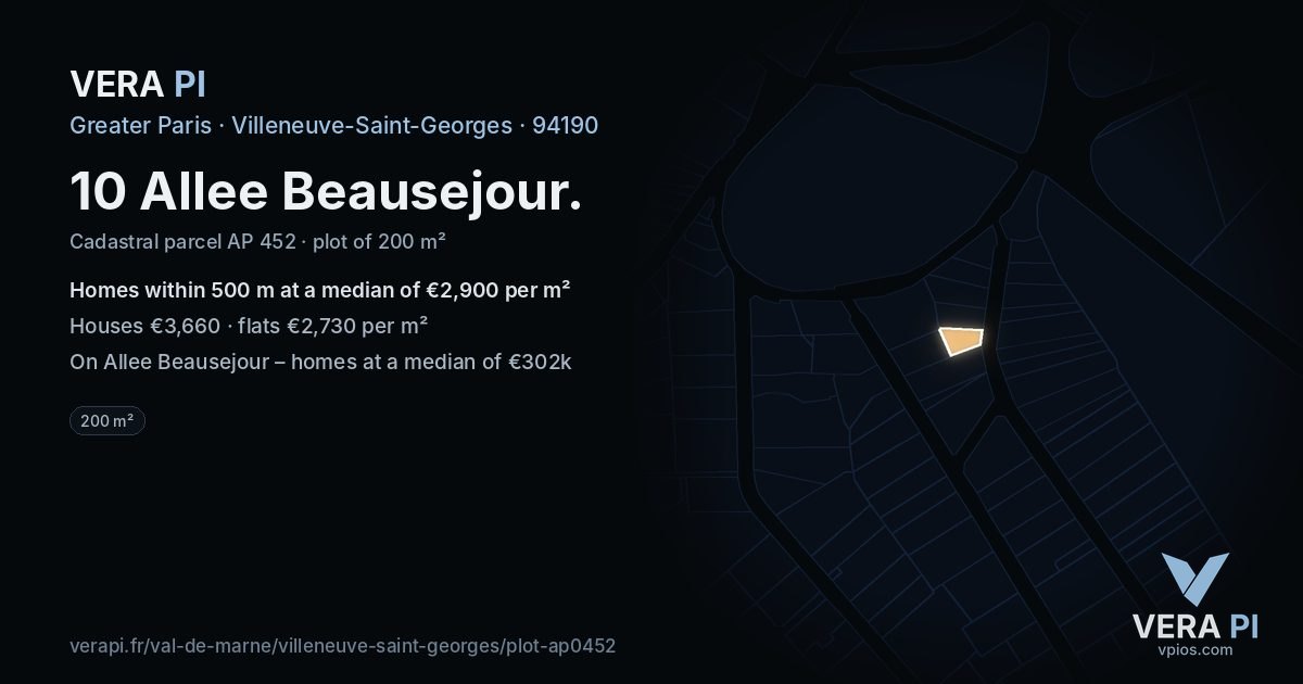 10 Allee Beausejour, Villeneuve-Saint-Georges at night – the plot lit, the parcels around coloured by the prices near them