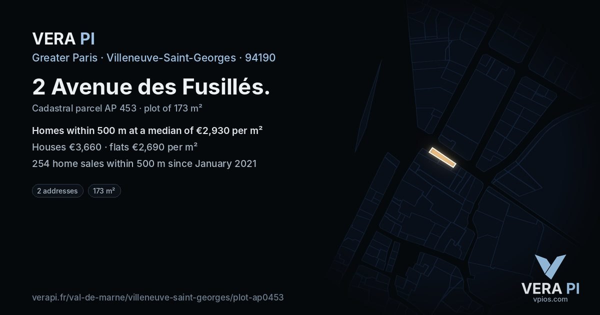 2 Avenue des Fusillés, Villeneuve-Saint-Georges at night – the plot lit, the parcels around coloured by the prices near them