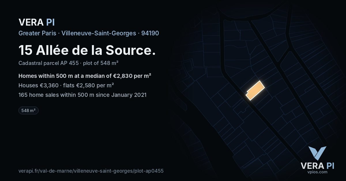 15 Allée de la Source, Villeneuve-Saint-Georges at night – the plot lit, the parcels around coloured by the prices near them