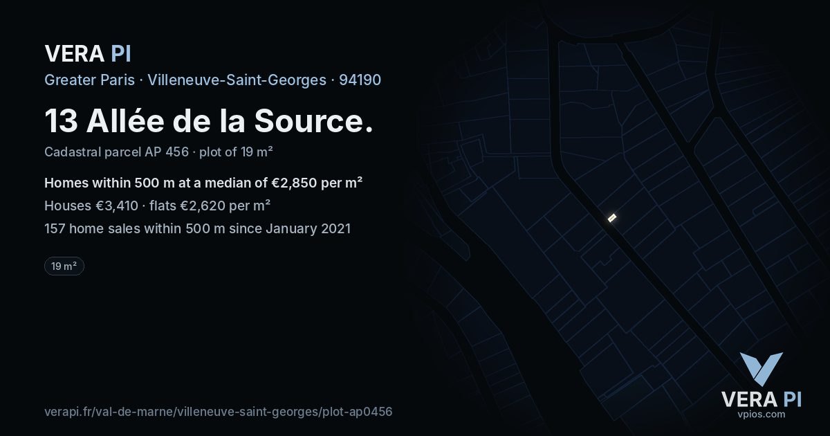 13 Allée de la Source, Villeneuve-Saint-Georges at night – the plot lit, the parcels around coloured by the prices near them