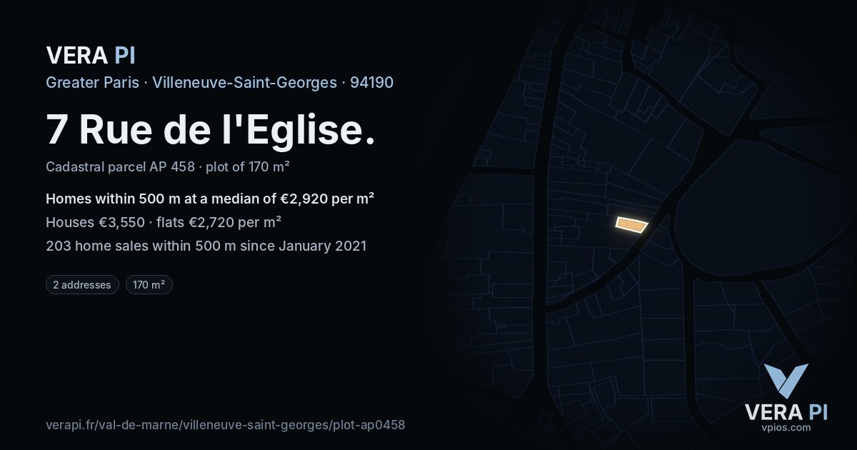 7 Rue de l'Eglise, Villeneuve-Saint-Georges at night – the plot lit, the parcels around coloured by the prices near them